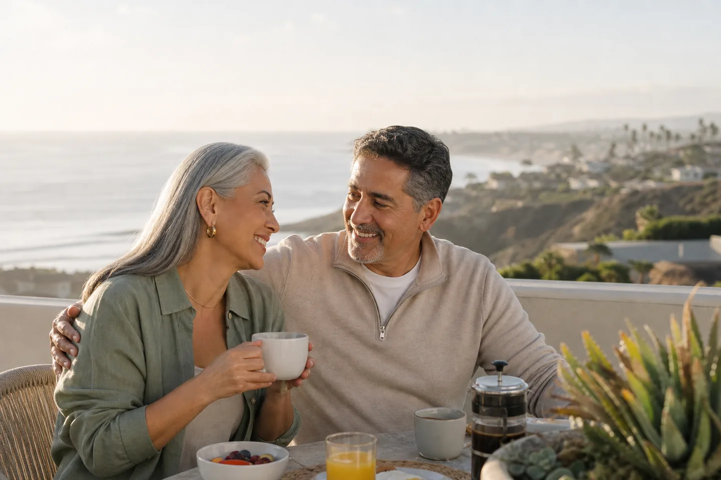 A retired couple enjoying a calm morning overlooking the Southern California coast