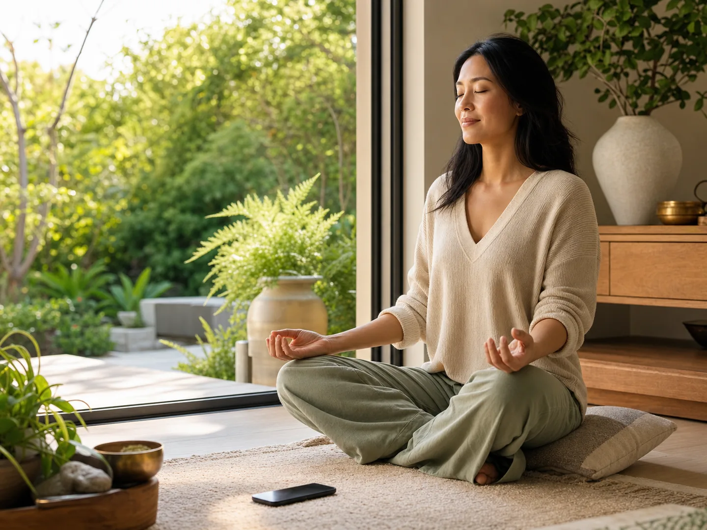A woman practicing mindfulness in a sunlit room