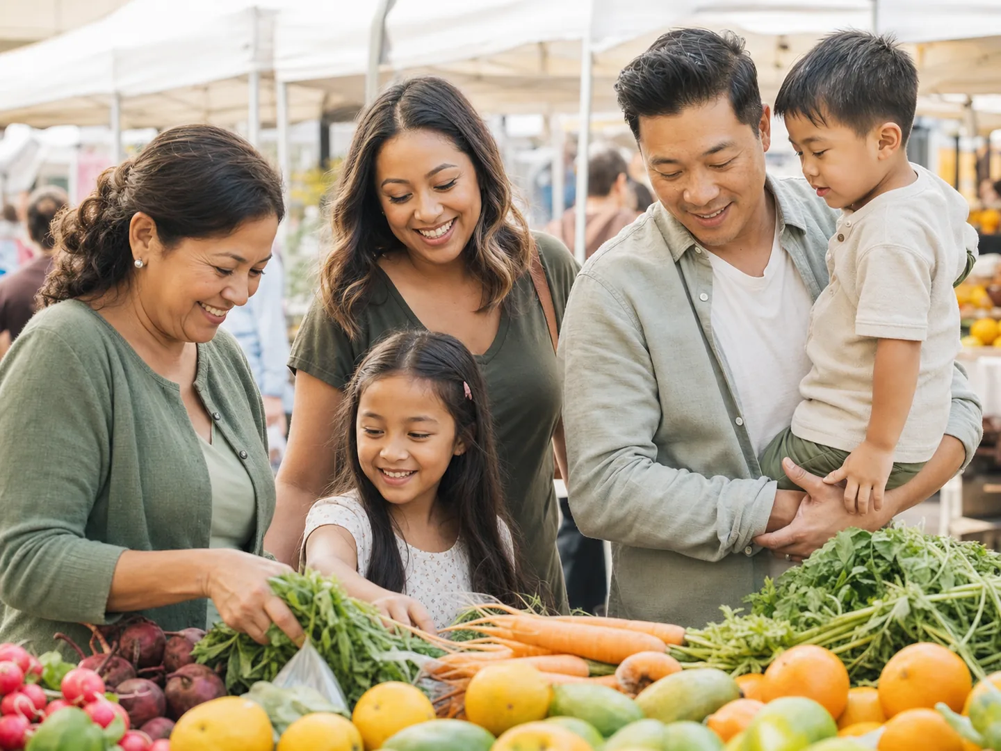 A multigenerational family shopping for fresh produce