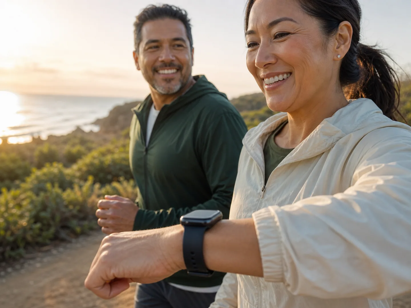 A couple checking a fitness watch during a coastal walk